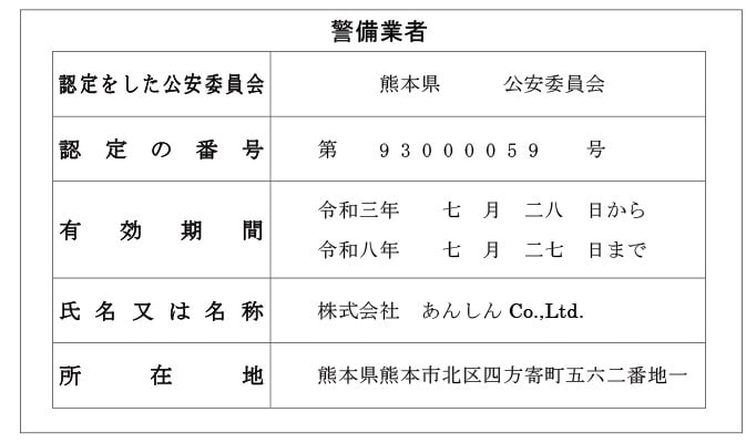 熊本県　警備事業者　認定証